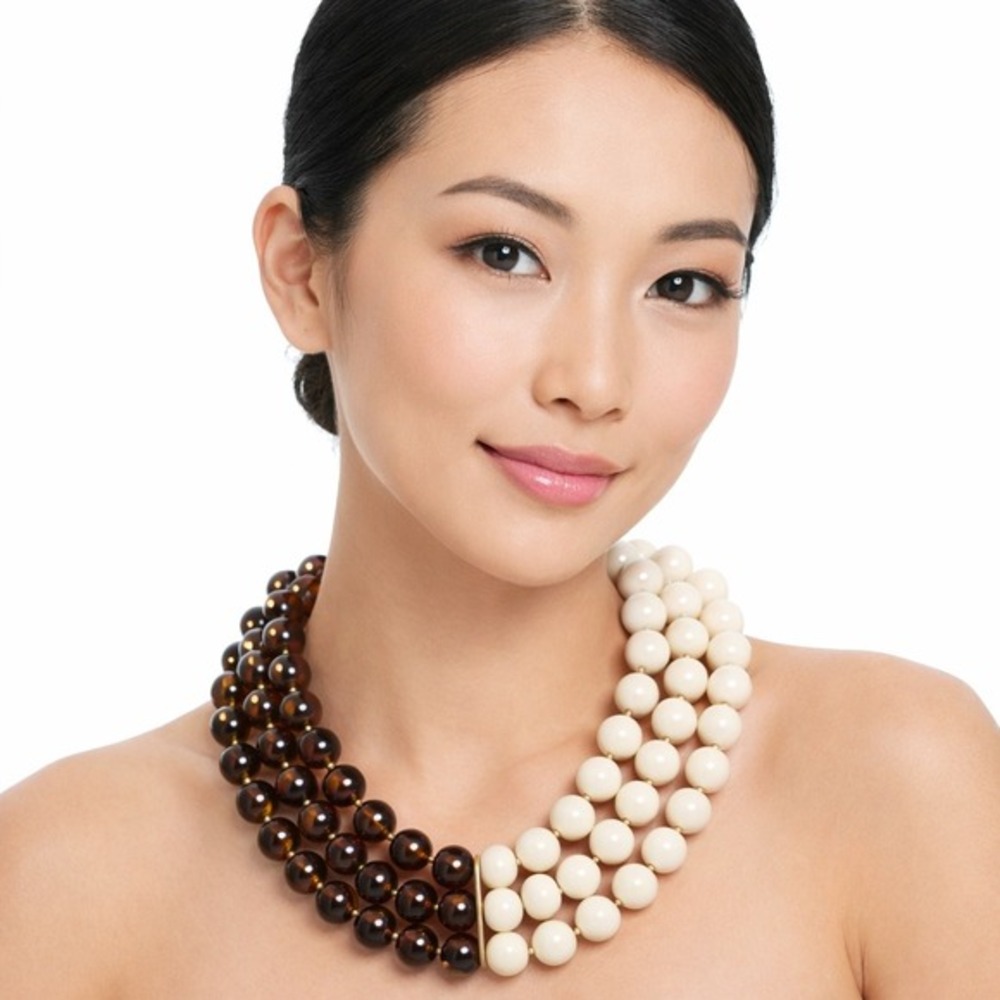 Liz Claiborne Triple Strand Beaded Necklace Amber Cream Two Tone Vintage J-01